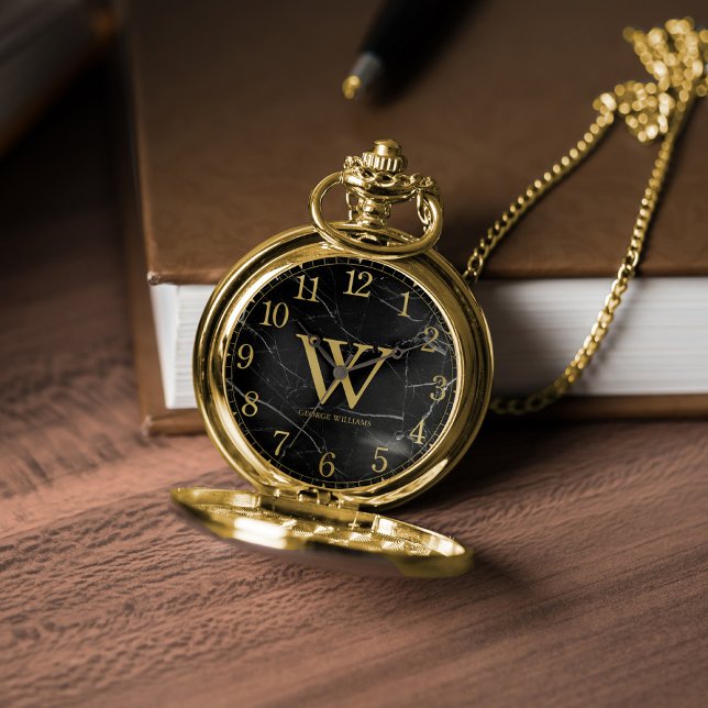 Printed Black Marble and Gold Monogram Pocket Watch (Inspiration mockup (not actual product))
