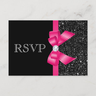 Printed Black Sequins and Hot Pink Bow RSVP Card