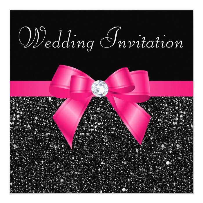 Printed Black Sequins and Hot Pink Bow Wedding Personalized Invites