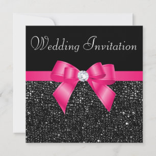 Printed Black Sequins and Hot Pink Bow Wedding Invitation