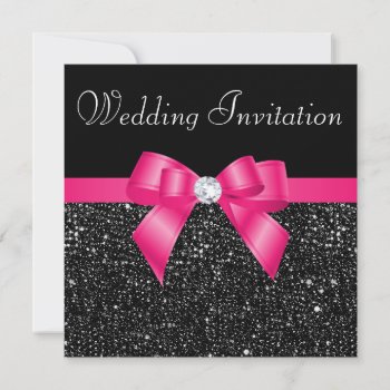 Printed Black Sequins And Hot Pink Bow Wedding Invitation by AJ_Graphics at Zazzle