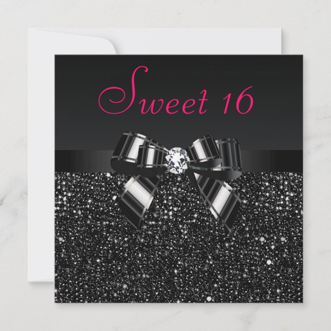 Printed Black Sequins, Bow & Diamond Pink Sweet 16 Invitation (Front)