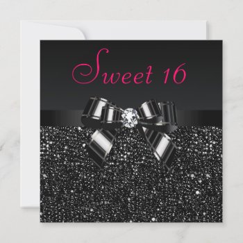Printed Black Sequins  Bow & Diamond Pink Sweet 16 Invitation by AJ_Graphics at Zazzle