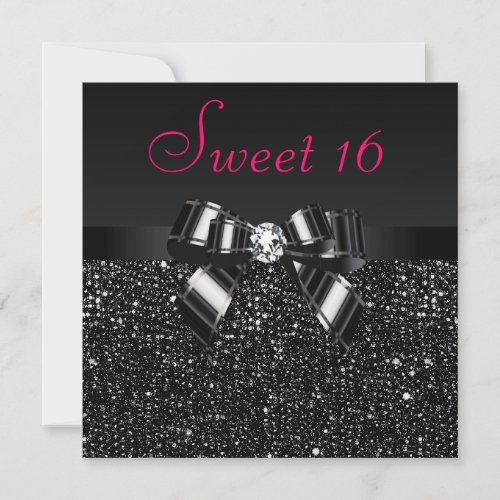 Printed Black Sequins Bow  Diamond Pink Sweet 16 Invitation