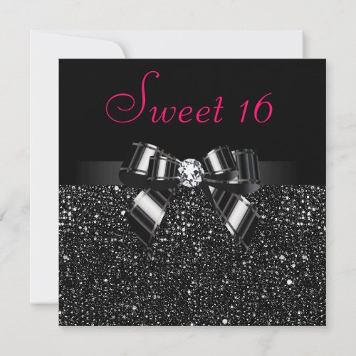Printed Black Sequins Bow  Diamond Pink Sweet 16 Invitation