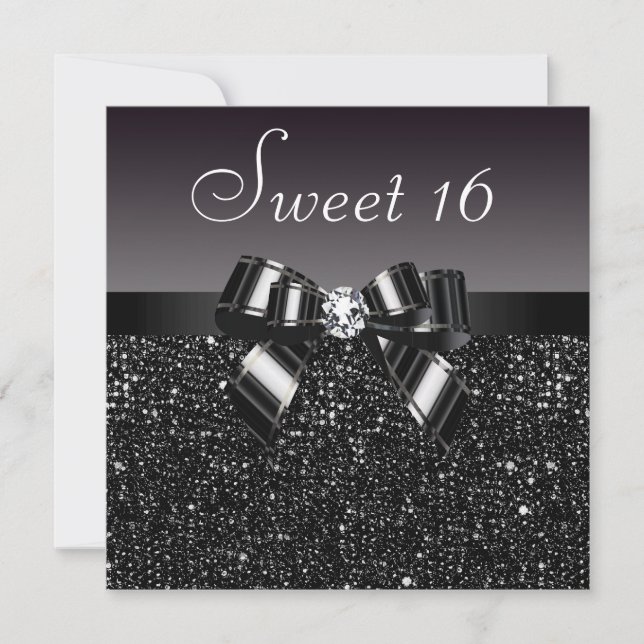 Printed Black Sequins, Bow & Diamond Sweet 16 Invitation (Front)