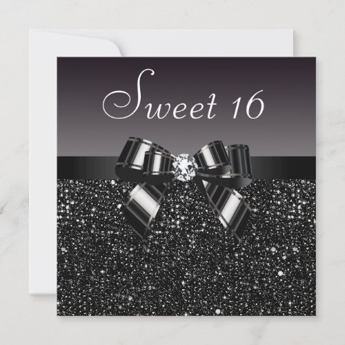 Printed Black Sequins Bow  Diamond Sweet 16 Invitation