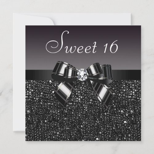 Printed Black Sequins, Bow &amp; Diamond Sweet 16 Invitations