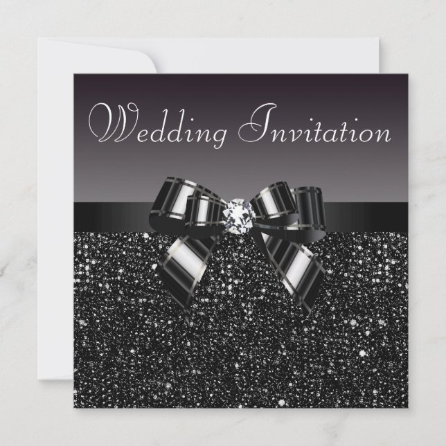 Printed Black Sequins, Bow & Diamond Wedding Invitation (Front)