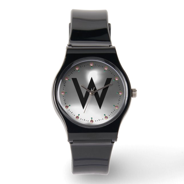 PRINTED BLACK WHITE GEMSTONE MONOGRAM WATCH (Front)