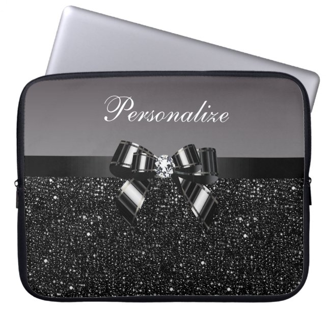 Printed Black & White Sequins, Bow & Diamond Laptop Sleeve (Front)