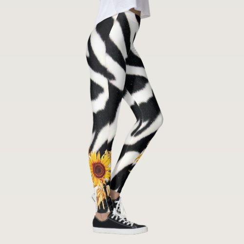 PRINTED BLACK WHITE ZEBRA SKIN WITH SUNFLOWERS LEGGINGS