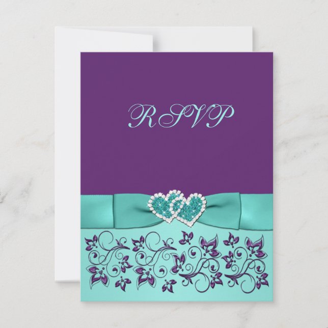 PRINTED BOW Aqua, Purple Floral Wedding RSVP card (Front)