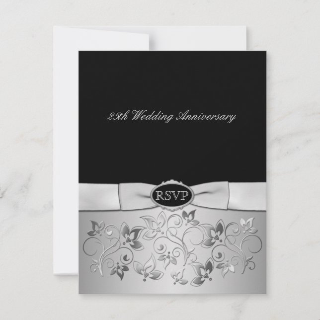 PRINTED BOW Black, Silver Gray RSVP Card (Front)