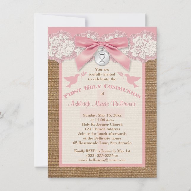 PRINTED BOW & CHARM First Holy Communion Invite (Front)