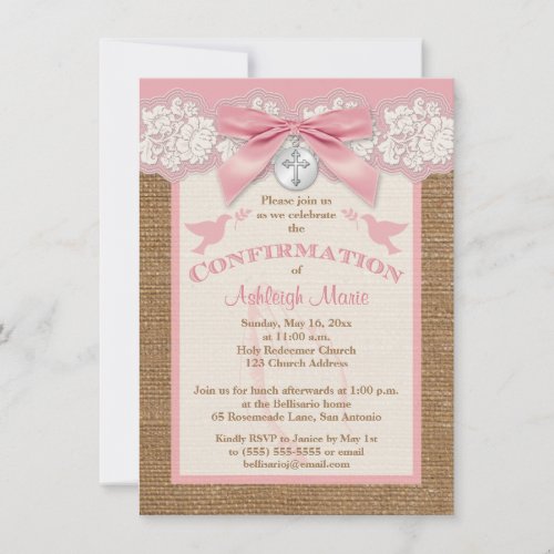 PRINTED BOW &amp; CHARM Pink Confirmation Invite