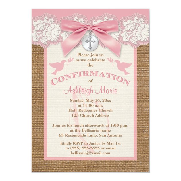 PRINTED BOW & CHARM Pink Confirmation Invite