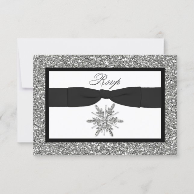 PRINTED BOW Glitter LOOK Snowflake  Rsvp Card (Front)
