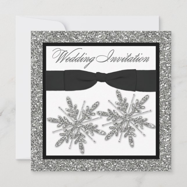 PRINTED BOW Glitter LOOK Snowflakes Wedding Invite (Front)