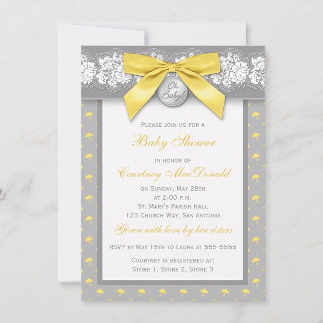 PRINTED BOW Gray Floral Lace Baby Shower Invite (Front)