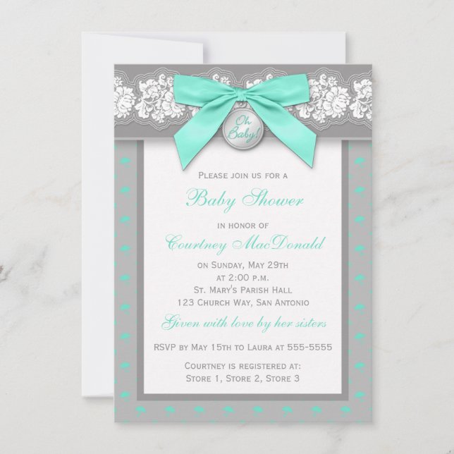PRINTED BOW Gray Floral Lace Baby Shower Invite (Front)