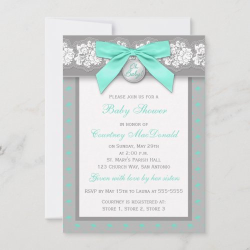 PRINTED BOW Gray Floral Lace Baby Shower Invite
