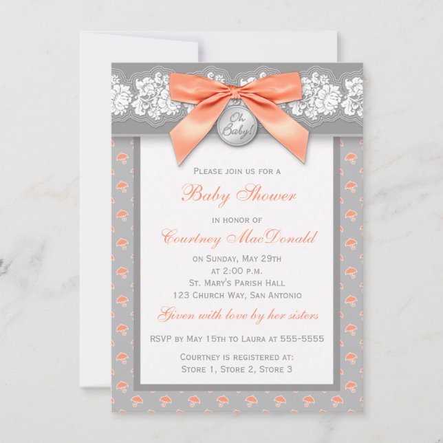 PRINTED BOW Gray Floral Lace Baby Shower Invite (Front)