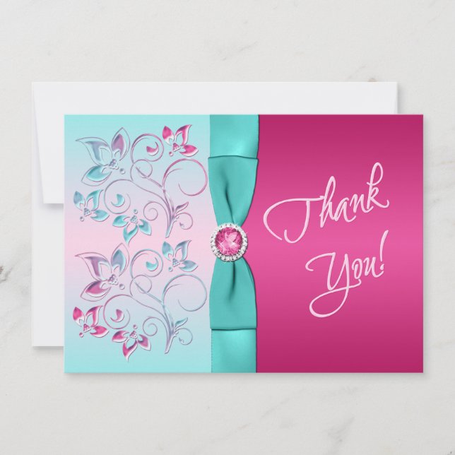 PRINTED BOW Pink, Aqua Floral PHOTO Thank You Card (Front)