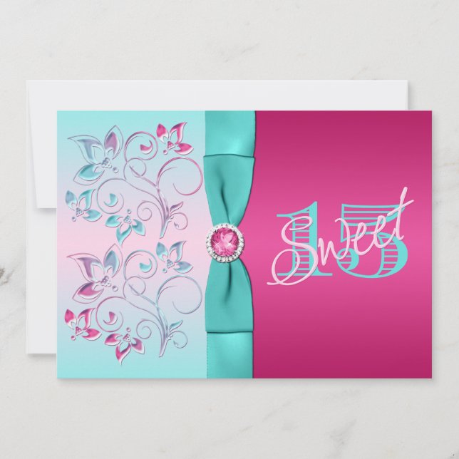 PRINTED BOW Pink, Aqua Floral Quinceanera Invite (Front)