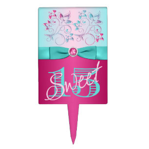 PRINTED BOW Pink, Aqua Floral Sweet 15 Cake Pick