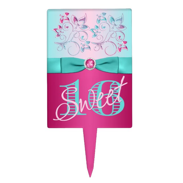 PRINTED BOW Pink, Aqua Floral Sweet 16 Cake Pick (Front)