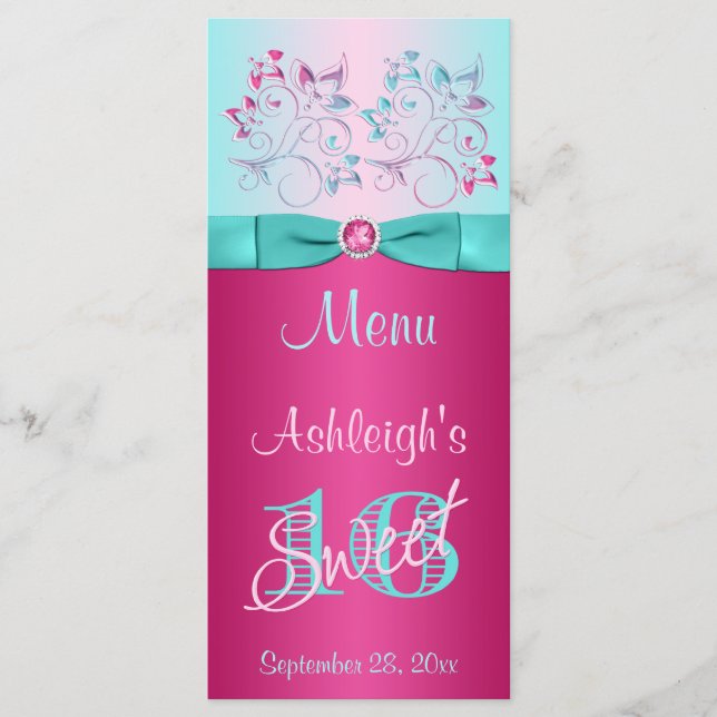 PRINTED BOW Pink, Aqua Floral Sweet 16 Menu Card (Front)
