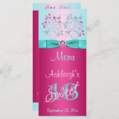 PRINTED BOW Pink, Aqua Floral Sweet 16 Menu Card (Front/Back)