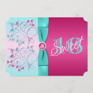 PRINTED BOW Pink, Aqua Floral Sweet Sixteen Invite