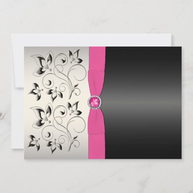 PRINTED BOW Pink Black Gray Floral Wedding Invite (Front)