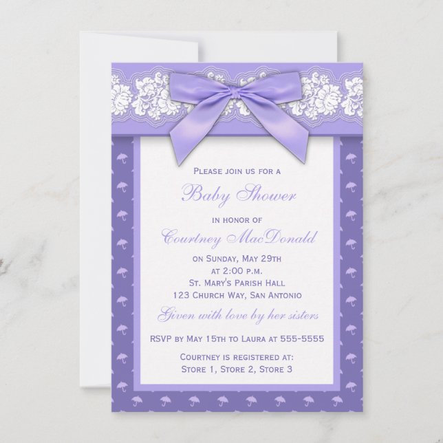 PRINTED BOW Purple Floral Lace Baby Shower Invite (Front)