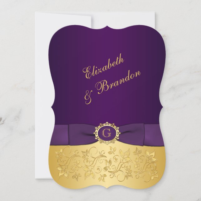PRINTED BOW Purple, Gold Floral Wedding Invite 3 (Front)