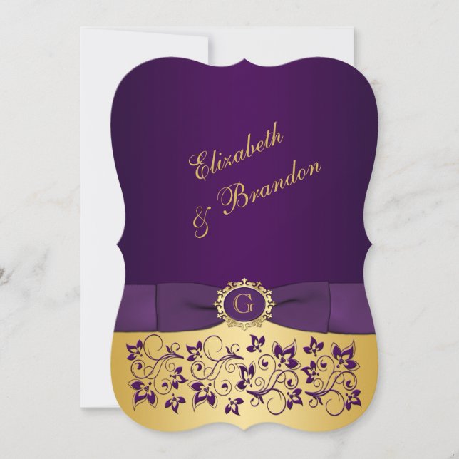 PRINTED BOW Purple, Gold Floral Wedding Invite 4 (Front)