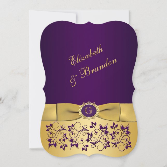 PRINTED BOW Purple, Gold Floral Wedding Invite 5 (Front)