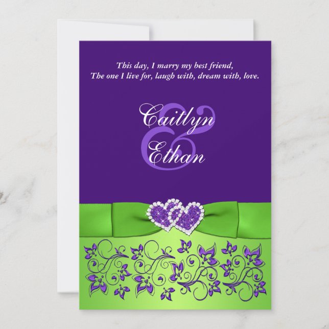 PRINTED BOW Purple Green Floral Wedding Invitation (Front)