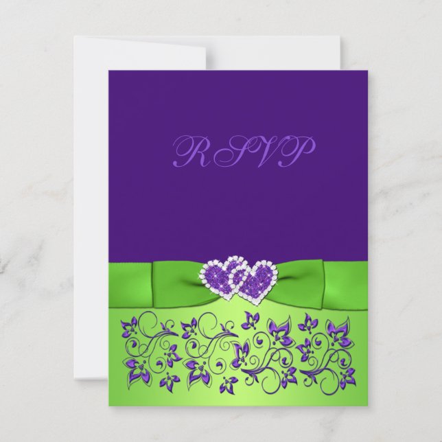 PRINTED BOW Purple Green Floral Wedding RSVP Card (Front)