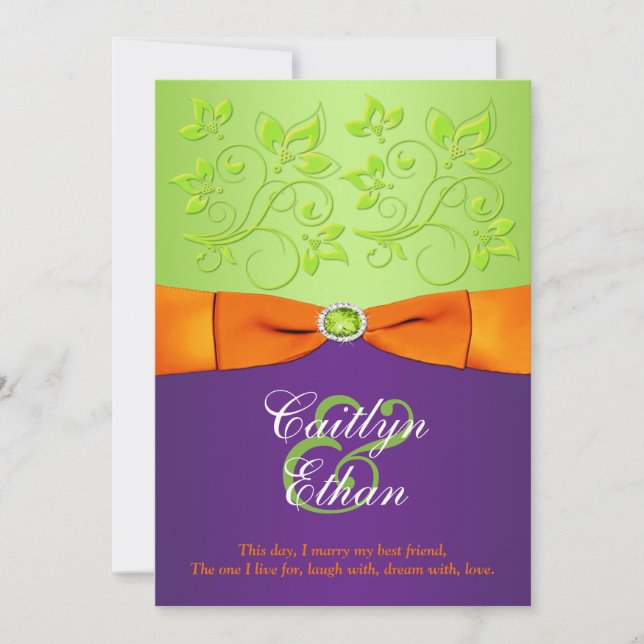 PRINTED BOW Purple Orange Green Wedding Invitation (Front)