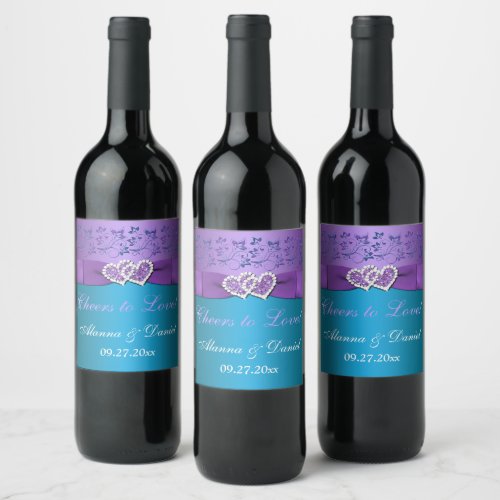 PRINTED BOW Purple Teal Floral Wedding Wine Label