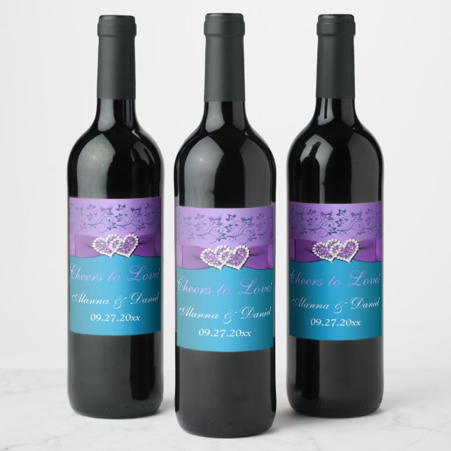 PRINTED BOW Purple Teal Floral Wedding Wine Label (Bottles)
