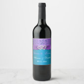 PRINTED BOW Purple Teal Floral Wedding Wine Label (Front)