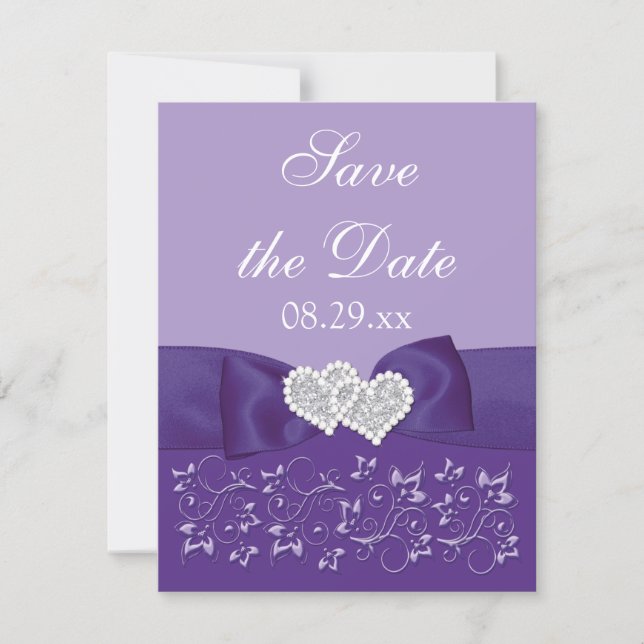 PRINTED BOW Purple White Floral Save the Date Card (Front)