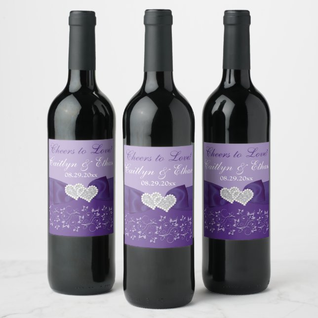 PRINTED BOW Purple White Floral Wedding Wine Label (Bottles)