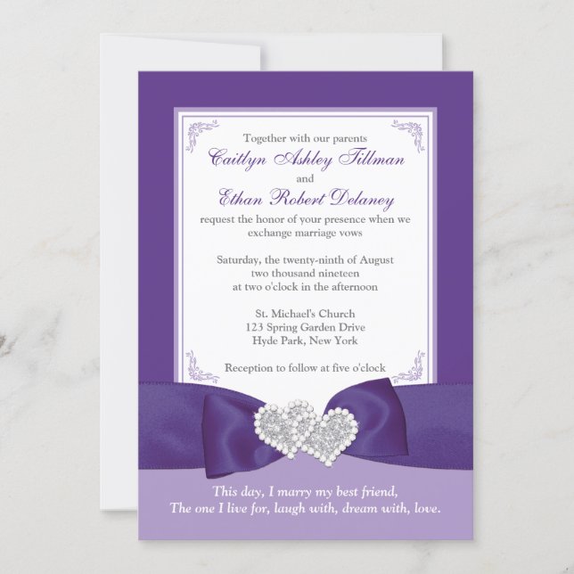 PRINTED BOW Purple White PHOTO Wedding Invite (Front)