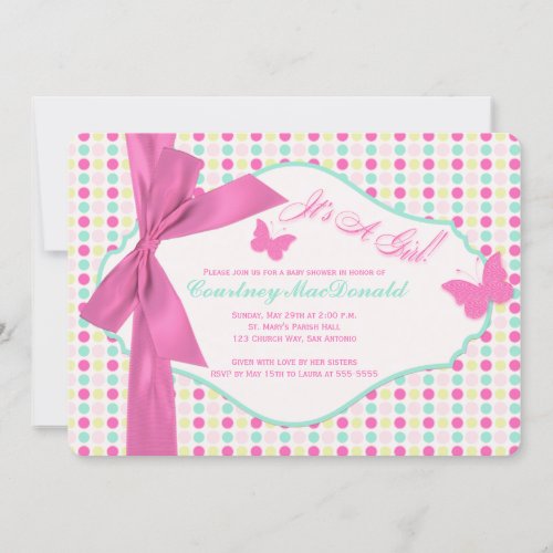 PRINTED BOW/Ribbon Hot Pink Polka Dots Baby Shower Announcements