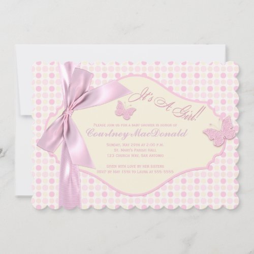 PRINTED BOW/Ribbon Pink Polka Dots Baby Shower Personalized Announcements